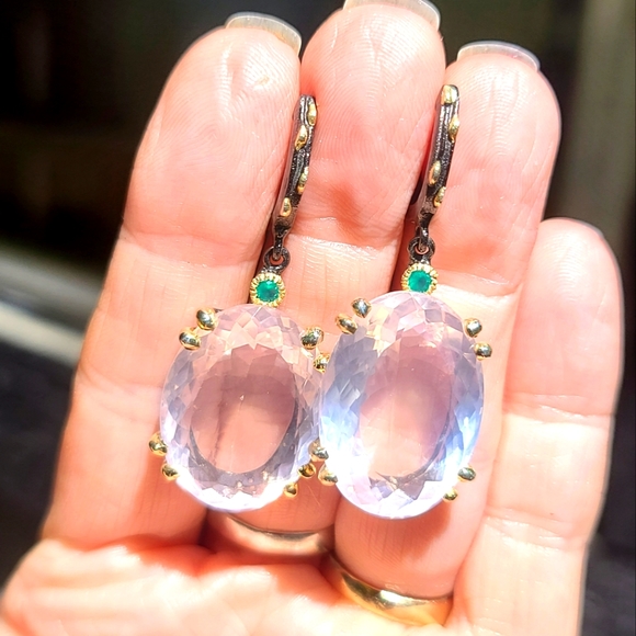 Natural Kharma by Avelon Jewelry - Rose Quartz HUGE 62k & Green Onyx Sterling &gold Earrings